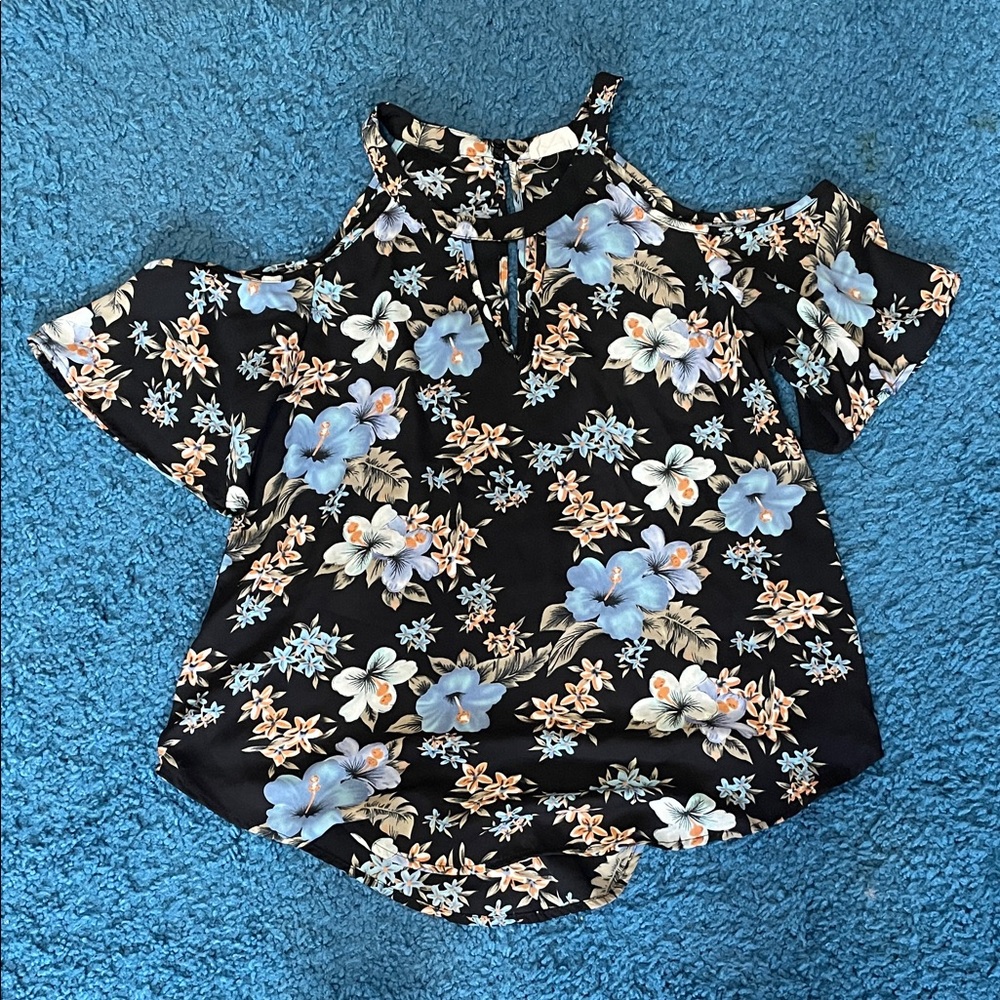 Sienna Sky Black and Blue Floral Cold Shoulder Blouse